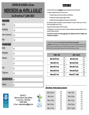 Anne 2014 2015 MERCREDIS de AVRIL JUILLET