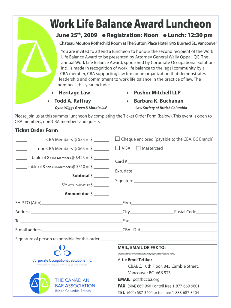 Fillable Online Work Life Balance Award Luncheon - Heritage Law Fax ...