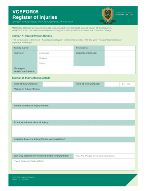 VCEFOR05 Register of Injuries - North Melbourne Grammar College - nmgc edu