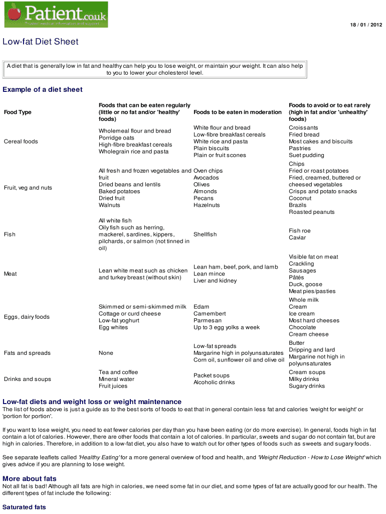 Fillable Online Low fat Diet Sheet Fax Email Print PdfFiller