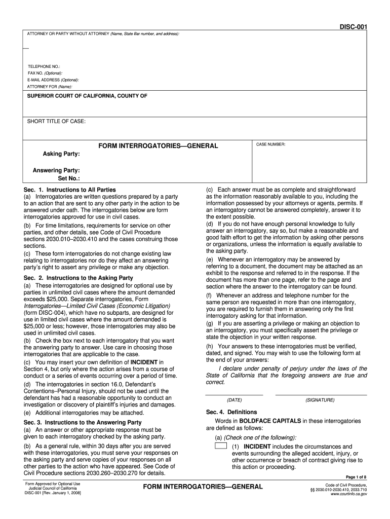 Fillable Online DISC001 ATTORNEY OR PARTY WITHOUT ATTORNEY (Name, State