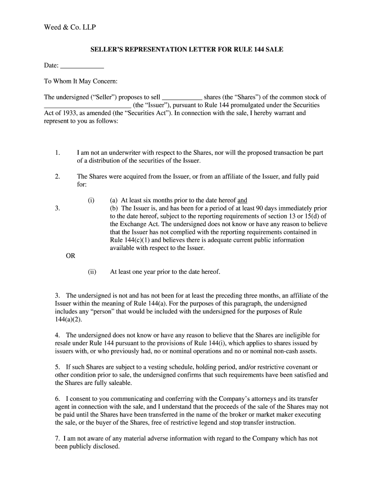 Fillable Online SELLERS REPRESENTATION LETTER FOR RULE 144 SALE - Weed ...