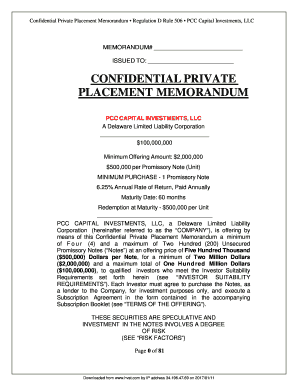 Confidential Private Placement Memorandum Regulation D Rule 506 PCC Capital Investments, LLC MEMORANDUM# ISSUED TO: CONFIDENTIAL PRIVATE PLACEMENT MEMORANDUM PCC CAPITAL INVESTMENTS, LLC A Delaware Limited Liability Corporation $100,000,000