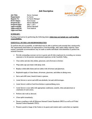 Full form of hr - Job Description Job Title: Department: Reports To: FLSA Status: Prepared By: Prepared Date: Approved/HR: Approved/GM: Approved Date: Server Assistant La Suerte La Suerte Manager Nonexempt Sharon Marshall May 2, 2013 Sharon Marshall Tom