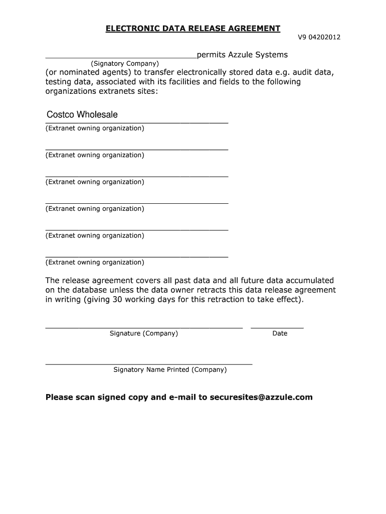 ELECTRONIC DATA RELEASE AGREEMENT - Azzule Systems Preview on Page 1.