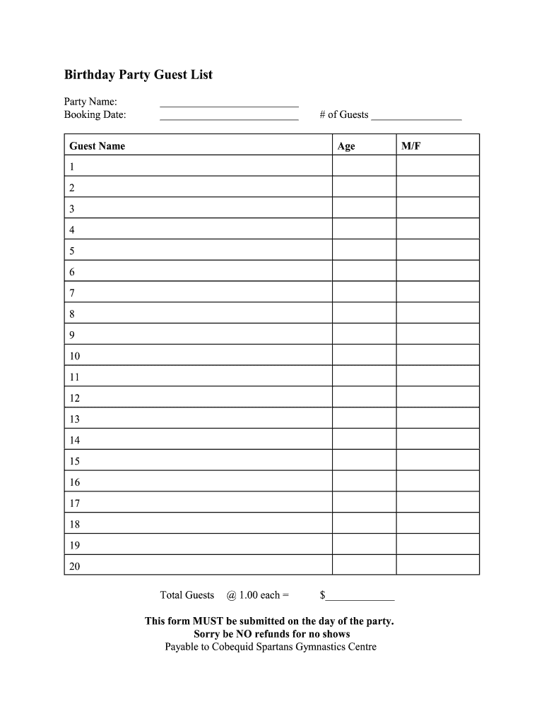 Fillable Online Birthday Party Guest List - bcobequidspartansbbcomb Fax ...