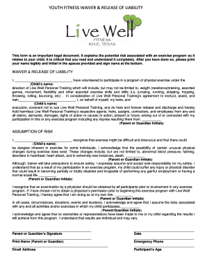 Youth fitness waiver & release of liability - Live Well Personal ...