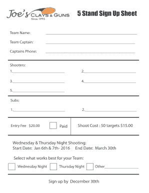 Sign up sheet pdf - 5-stand sign up sheet - Joe039s Clays and Guns