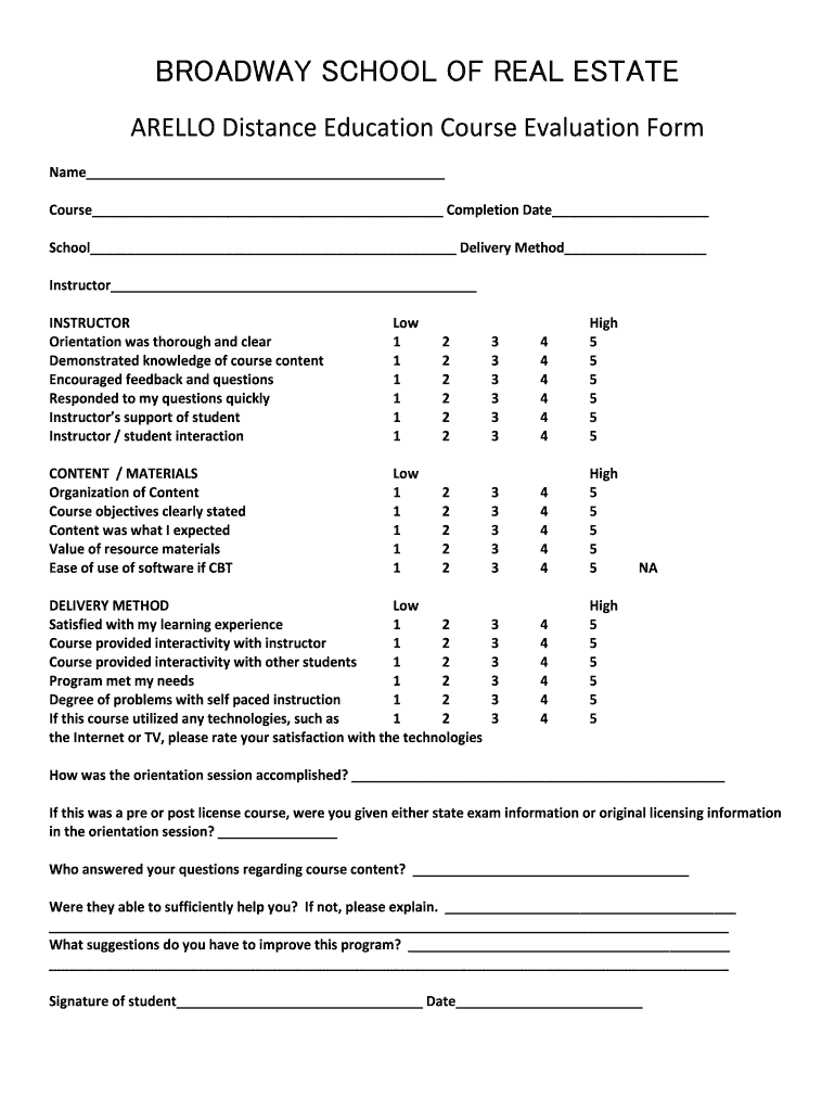 Course Evaluation Form - Broadway School of Real Estate Preview on Page 1