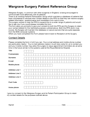 Wargrave Surgery Patient Reference Group Form 3 - wargravesurgery org