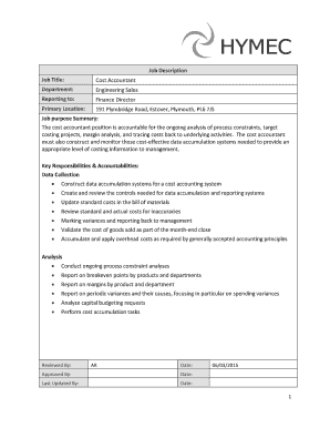 Job Description Job Title: Cost Accountant Department: Engineering Sales Reporting to: Finance Director Primary Location: 191 Plymbridge Road, Estover, Plymouth, PL6 7JS Job purpose Summary: The cost accountant position is accountable for -