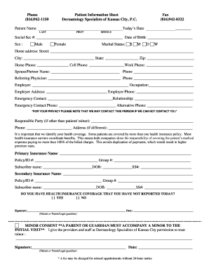 Fax (816)9420322 Patient Name: Todays Date: LAST FIRST MIDDLE Social Sec #: Date of Birth: Sex : Male Female Marital Status: S M D W Home address: Street: City: State: Zip: Home Phone: Cell Phone: Work Phone: Spouse/Partner Name: Phone - -