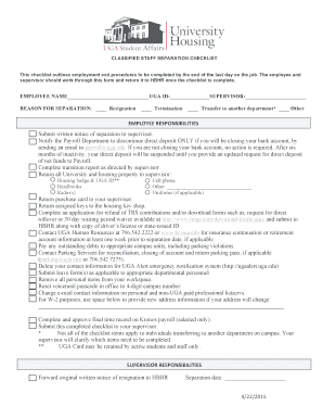 Sample employment separation agreement - Separation Checklist for Classified Staff - University Housing - housing uga