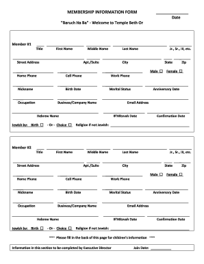 Short welcome message for new manager - MEMBERSHIP INFORMATION FORM Date Baruch Ha Ba - Welcome to - tboraleigh