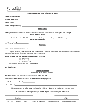 Southland Custom Camp Information Sheet Name of responsible party: Church or Group Name: Dates of Retreat: Number of people attending: Room Rates: Hotel Style Room: One Full Size Bed, One Set of Bunk Beds, Linens and Towels Provided - - - -