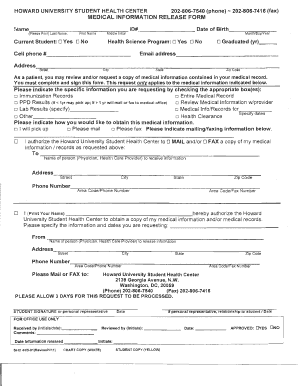 Howard University Medical Information Release Form