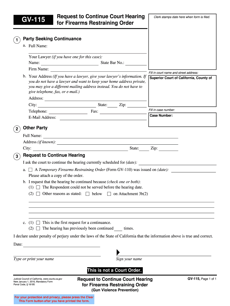 GV-115 Request to Continue Court Hearing for Firearms Restraining Order Judicial Council forms - courts ca Preview on Page 1