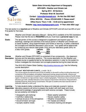 Salem State University Department of Geography GPH100PL: Weather and Climate Lab Spring 2013 All Sections Professor Brian M