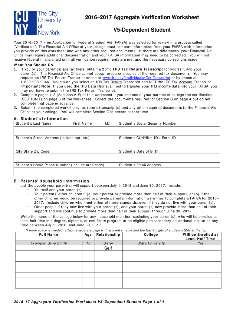 Fillable online bmcc cuny 20162017 aggregate verification worksheet v5