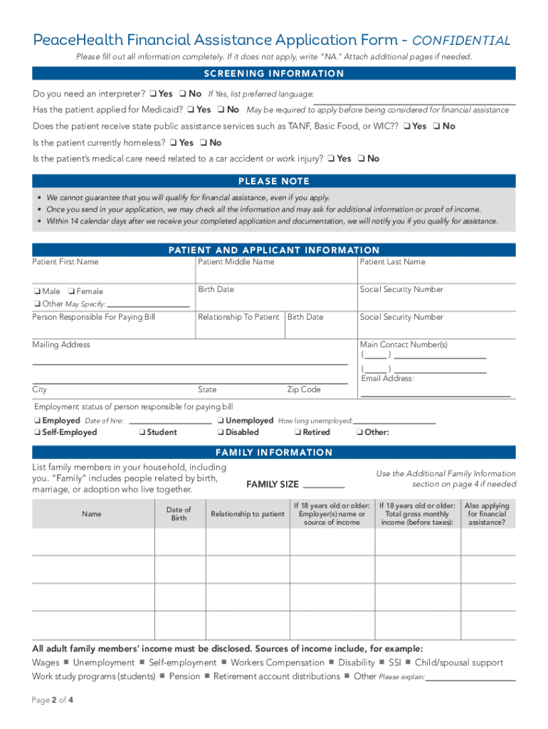 peacehealth financial assistance application form Preview on Page 1
