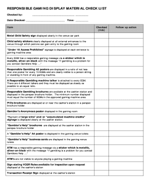 RESPONSIBLE GAMING DISPLAY MATERIAL CHECK LIST March 2009