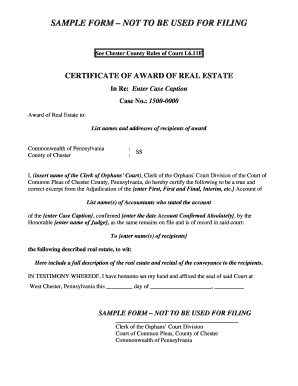 Certificate of award of real estate - Chester County