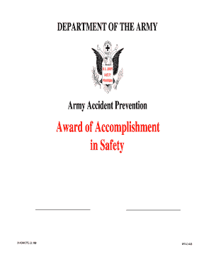 ARMY ACCIDENT PREVENTION AWARD OF ACCOMPLISHMENT IN SAFETY DA FORM 5775 JUL 1989 - apd army