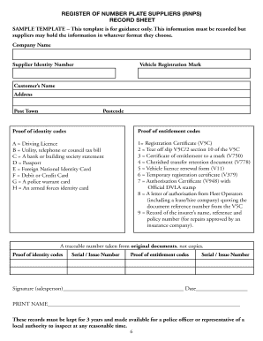 register of number plate suppliers record sheet