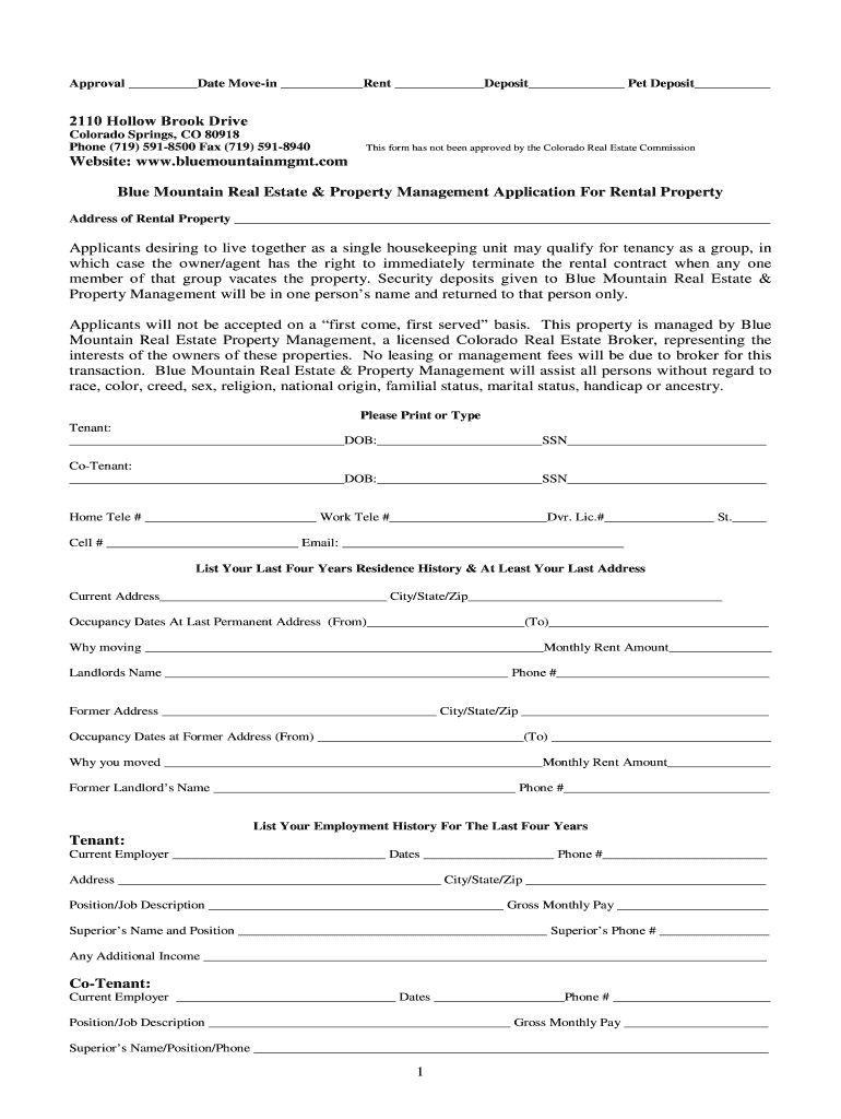 Fillable Online Rental Application Blue Mountain Real Estate Fax
