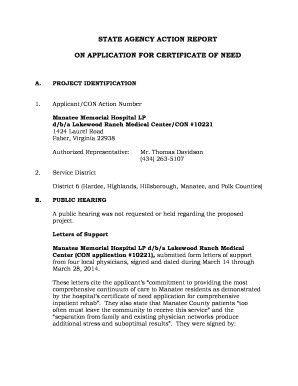 Fillable Online Applicant/CON Action Number Manatee Memorial Hospital