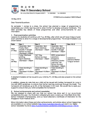 Tel: 65634568 Fax: 65634505 F HYSS/ /Communic cation/180515/Sec2 18 May 2015 y Dear Pa arents/Guardians mester 1 co omes to a close, the school ha planned a range of program e as d mmes to As sem consolid date your c childs learning and to