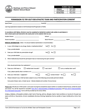 Form 230-3A Permission to Try-Out for Athletic Team and Participation Consent