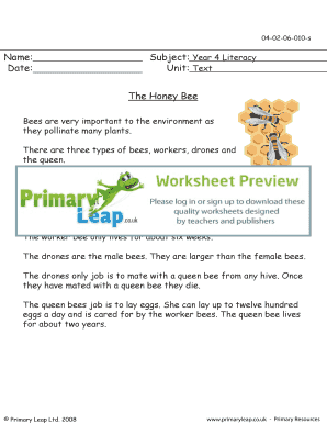 The honey bee - Primary Leap Worksheets Year 4 Literacy Text Work - The honey bee primary resource exercise