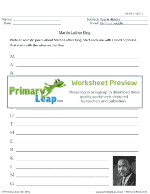 Acrostic poem - Martin Luther King - Primary Leap Worksheets Write an acrostic poem about Martin Luther King Start each line with a word or phrase that starts with the letter on that line primary resource exercise