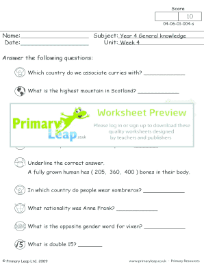 Printable weekly calendar - Week 4 - Primary Leap Worksheets Year 4 General Knowledge Weeks 1 - 10 - Week 4 primary resource exercise