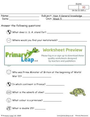 Week 5 - Primary Leap Worksheets.. Year 4, General Knowledge, Weeks 1 - 10 - Week 5 primary resource exercise.