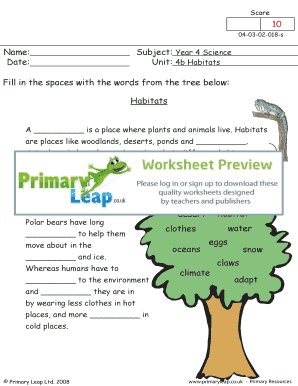 fillable online habitats primary leap worksheets year 4 science worksheet about habitats children must fill in the blanks using the words from the tree primary resource exercise fax email print pdffiller