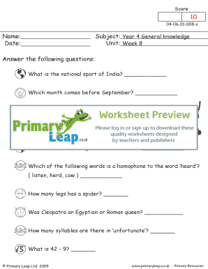 Week 8 - Primary Leap Worksheets.. Year 4, General Knowledge, Weeks 1 - 10 - Week 8 primary resource exercise.