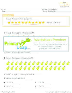 fillable online sharing by 5 primary leap worksheets year 2 maths this maths worksheet teaches children to share by 5 they must circle the apples and pears into groups of