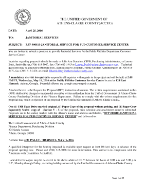 Statement of work design - THE UNIFIED GOVERMENT OF ATHENSCLARKE COUNTY(ACCUG) DATE: April 25, 2016 TO: JANITORIAL SERVICES SUBJECT: RFP #00810 JANITORIAL SERVICE FOR PUD CUSTOMER SERVICE CENTER You are invited to submit a proposal to provide Janitorial Services for