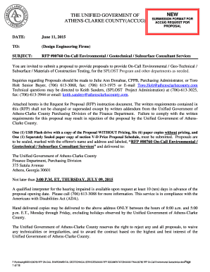 THE UNIFIED GOVERMENT OF ATHENSCLARKE COUNTY(ACCUG) NEW SUBMISSION FORMAT FOR ACCUG REQUEST FOR PROPOSAL DATE: June 11, 2015 TO: (Design Engineering Firms) SUBJECT: RFP #00760 OnCall Environmental / Geotechnical / Subsurface Consultant