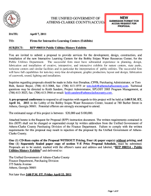 THE UNIFIED GOVERMENT OF ATHENSCLARKE COUNTY(ACCUG) DATE: April 7, 2011 TO: Firms for Interactive Learning Centers (Exhibits) SUBJECT: NEW SUBMISSION FORMAT FOR ACCUG REQUEST FOR PROPOSAL RFP #00514 Public Utilities History Exhibits You are