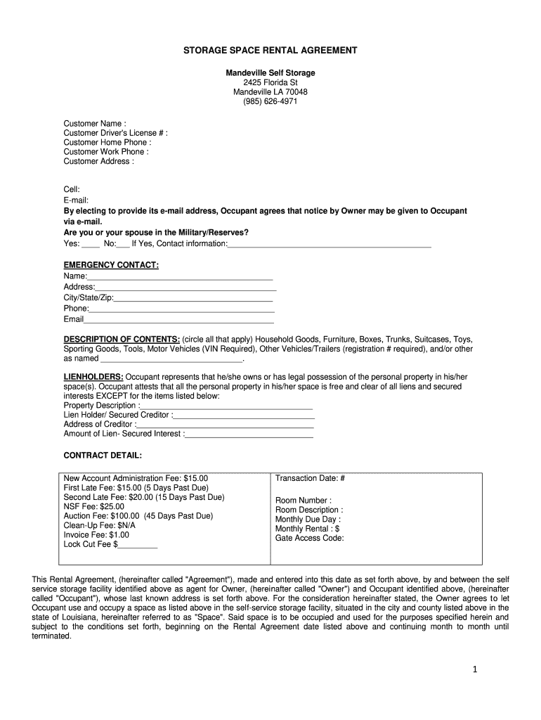 Fillable Online STORAGE SPACE RENTAL AGREEMENT Mandeville Self Storage