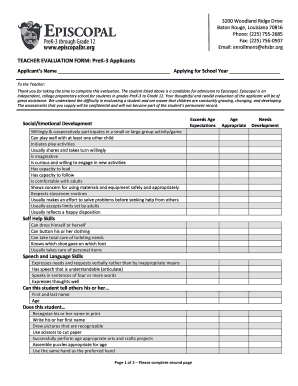 TEACHER EVALUATION FORM PreK-3 Applicants - episcopalbr