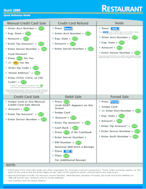 RESTAURANT Nurit 2085 Quick Reference Guide Manual Credit Card Sale Enter Acct Number + Exp