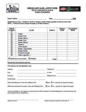 SIMCOE KART CLUB ENTRY FORM