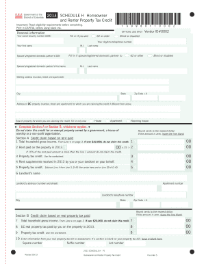 District of Columbia 2013 Schedule H Property Tax Credit