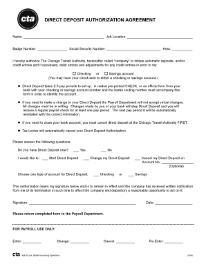 Chicago Transit Authority Direct Deposit Authorization