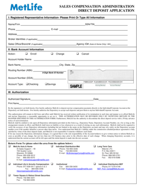 MetLife Sales Compensation Direct Deposit Application