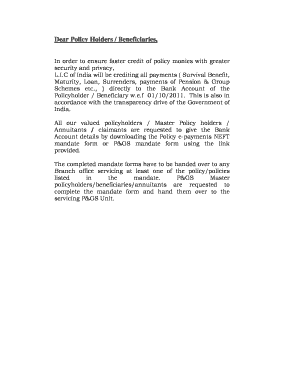 LIC India NEFT Mandate Form